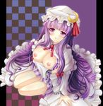  absurdres blush bow breast_hold breasts breasts_outside chain checkered checkered_background cleavage collar crescent cuffs dress eyebrows eyebrows_visible_through_hair hair_bow handcuffs hat highres large_breasts long_hair long_sleeves looking_at_viewer mob_cap nipples open_clothes oubou parted_lips patchouli_knowledge pillarboxed purple_background purple_eyes purple_hair red_bow red_ribbon restrained ribbon sidelocks simple_background sitting solo touhou very_long_hair white_dress white_hat yokozuwari 