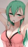  adjusting_hair armpits arms_behind_head arms_up bangs blush bow breasts cleavage cole green_eyes green_hair hair_between_eyes hair_tie kantai_collection large_breasts lingerie long_hair looking_at_viewer mouth_hold negligee solo spaghetti_strap suzuya_(kantai_collection) tying_hair underwear upper_body 