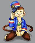  animal_crossing anthro anthrofied balls barefoot bottomless clothed clothing erection front_view hand_on_thigh hat_tip humanoid_penis kneeling looking_at_viewer male mammal monkey naughty_face navel nintendo nokemy open_shirt partially_retracted_foreskin pendant penis perineum porter_(animal_crossing) primate pubes solo uncut uniform video_games 