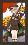  armor cape choko_(cup) closed_eyes cloud cup flower grey_legwear hat highres hotarumaru japanese_armor kneehighs lalamix male_focus ootachi shorts shoulder_armor silver_hair sode solo sword touken_ranbu weapon 