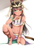  animal_ears armlet bare_shoulders barefoot bastet_(p&amp;d) black_hair blush breasts cat_ears cat_tail dark_skin fang gold green_eyes heart highres hime_cut long_hair looking_at_viewer medium_breasts navel one_knee open_mouth puzzle_&amp;_dragons sidelocks silver_(chenwen) solo tail tiara 