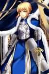  ahoge aka_(hwdllht) armor artoria_pendragon_(all) blonde_hair blue_cape breastplate cape dress excalibur fate/stay_night fate_(series) fur-trimmed_cape fur_trim gauntlets green_eyes highres saber solo 
