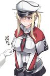 1girl 3: blonde_hair blue_eyes blush breast_poke breasts capelet commentary_request gloves graf_zeppelin_(kantai_collection) grey_eyes hair_between_eyes hat iron_cross kantai_collection large_breasts long_hair miniskirt peaked_cap poking sidelocks skirt solo_focus sweatdrop trembling twintails uniform youkan 
