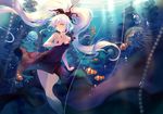  air_bubble arm_at_side bangs black_dress blurry bubble closed_mouth clownfish collarbone criin depth_of_field dress floating_hair frills hair_ornament holding_strap jellyfish long_hair looking_at_viewer ocean original shinkai_shoujo_(vocaloid) sleeveless sleeveless_dress smile solo submerged sunlight transparent twintails underwater very_long_hair vocaloid white_hair yellow_eyes 