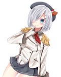  bad_id bad_pixiv_id blue_eyes breasts cosplay epaulettes finger_in_mouth gloves hair_ornament hair_over_one_eye hairclip hamakaze_(kantai_collection) hat kantai_collection kashima_(kantai_collection) kashima_(kantai_collection)_(cosplay) masayo_(gin_no_ame) medium_breasts military military_uniform miniskirt pleated_skirt short_hair silver_hair skirt smile solo twintails uniform white_gloves 
