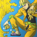  1boy banana banana_earrings blonde_hair blue_eyes dated dio_brando earrings emeraudolupus fingernails flip-flops food food_themed_earrings fruit headband highres jacket jewelry jojo_no_kimyou_na_bouken knee_pads long_fingernails male_focus sandals signature solo sparkle 