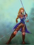  agrias_oaks armor blonde_hair blue_eyes braid corset emuson final_fantasy final_fantasy_tactics gloves highres knight long_hair pauldrons single_braid solo sword weapon 