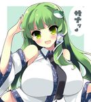  akikaze_tsumuji black_neckwear blue_skirt blush breasts detached_sleeves frog_hair_ornament green_eyes green_hair hair_ornament hair_tubes heart kochiya_sanae large_breasts long_hair looking_at_viewer midriff necktie open_mouth skirt smile snake_hair_ornament solo spoken_heart touhou upper_body 