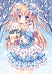  animal_ears bear_ears blonde_hair blue_eyes blush dress gloves hair_ribbon highres jewelry kouta. long_hair necklace original pearl_necklace puffy_sleeves ribbon short_sleeves smile snowing solo stuffed_animal stuffed_toy teddy_bear tiara twintails 