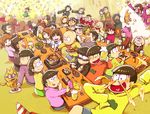  6+boys 6+girls aida_(osomatsu-san) akatsuka_fujio alcohol bangs bazooka beer_mug blunt_bangs blush braid brothers brown_hair buck_teeth cat chainsaw chibita chopsticks coat cocktail_glass crowd cup dayoon dekapan drinking drinking_glass drunk dumpling earmuffs eating esper_nyanko everyone extra facial_hair fighting flag food formal glasses glasses_boy_(osomatsu-san) hachimaki hairband hashimoto_nyaa hatabou head_flag headband hijirisawa_shonosuke holding holding_cup homeless hood hoodie hotpot iyami jiaozi jigusou juushimatsu's_girlfriend ko_sakura laughing long_hair low_twintails matsuno_choromatsu matsuno_ichimatsu matsuno_juushimatsu matsuno_karamatsu matsuno_matsuyo matsuno_matsuzou matsuno_osomatsu matsuno_todomatsu money multicolored_hair multiple_boys multiple_girls mustache official_style osomatsu-kun osomatsu-san pink_hair purple_suit sachiko_(osomatsu-san) sake salad scarf sextuplets short-haired_girl_(osomatsu-san) short_hair short_twintails siblings sitting streaked_hair suit sushi table traffic_cone twintails weapon winter_clothes yowai_totoko 