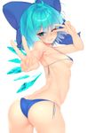  ;d ahoge armpits ass bad_id bad_twitter_id bare_arms bare_back bare_shoulders bikini blue_bikini blue_bow blue_eyes blue_hair blush bow breasts cirno clenched_teeth cowboy_shot double_v duplicate eyebrows eyebrows_visible_through_hair fairy fingernails hair_bow hand_gesture ice ice_wings looking_at_viewer looking_back nose_blush one_eye_closed open_mouth outstretched_arm rukitsura short_hair side-tie_bikini sideboob simple_background small_breasts smile solo standing swimsuit teeth touhou underboob v v_over_eye white_background wings 
