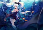  air_bubble arm_at_side bangs black_dress blurry bubble closed_mouth clownfish collarbone criin depth_of_field dress floating_hair frills hair_ornament holding_strap long_hair looking_at_viewer ocean original shinkai_shoujo_(vocaloid) sleeveless sleeveless_dress smile solo submerged sunlight transparent twintails underwater very_long_hair vocaloid white_hair yellow_eyes 