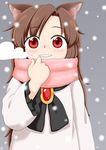  animal_ears brooch brown_hair dress grin highres imaizumi_kagerou jewelry long_hair long_sleeves looking_at_viewer poronegi red_eyes scarf smile snowing solo touhou very_long_hair white_dress wide_sleeves wolf_ears younger 