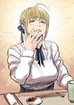  artoria_pendragon_(all) blonde_hair blouse fate/stay_night fate_(series) finger_to_mouth foodgasm hair_bun kishizuka_kenji lips protected_link saber smile solo 