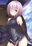  absurdres arm_at_side armor armored_dress armpits bare_shoulders black_dress blush dress elbow_gloves fate/grand_order fate_(series) gloves hair_over_one_eye highres impossible_armor komori_kuzuyu mash_kyrielight purple_eyes purple_hair shield short_hair smile solo 