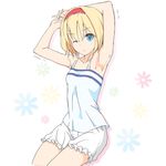  ;( alice_margatroid arm_up armpits bare_arms bare_shoulders blonde_hair bloomers blue_eyes blush collarbone cowboy_shot eyebrows eyebrows_visible_through_hair floral_background frills hairband motion_lines shirt short_hair shorts simple_background sleeveless sleeveless_shirt solo soukun_s stretch touhou trembling underwear white_background white_shirt white_shorts 