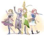  armor belt boots bow bow_(weapon) brown_hair crossbow dew_gayl gwen_darcy iesupa knife multiple_girls nebula_violette octavia_ember pantyhose polearm red_hair rwby shoulder_armor skirt smile spear sword throwing_knife weapon 