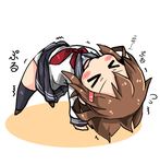  &gt;_&lt; blush_stickers body_bridge brown_hair chibi closed_eyes commentary_request full_body hair_ornament hairclip ikazuchi_(kantai_collection) kantai_collection neckerchief oshiruko_(uminekotei) panties red_neckwear school_uniform serafuku short_hair skirt solo stretch thighhighs trembling underwear white_panties 