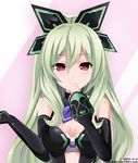  blush bow breasts finger_to_mouth green_hair hakozaki_chika keenh long_hair looking_at_viewer medium_breasts neptune_(series) open_mouth red_eyes solo very_long_hair 