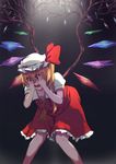  ascot bad_id bad_pixiv_id bent_over berabou blonde_hair commentary_request crazy_eyes darkness dress flandre_scarlet hands_over_eyes hat hat_ribbon mob_cap open_mouth puffy_short_sleeves puffy_sleeves red_dress red_eyes ribbon shirt short_sleeves side_ponytail solo touhou wings 
