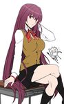  1girl book crossed_legs fate/grand_order fate/stay_night fate_(series) homurahara_academy_uniform jpeg_artifacts lancer legs long_hair looking_at_viewer on_table purple_hair red_eyes scathach_(fate)_(all) scathach_(fate/grand_order) school_uniform shimo_(s_kaminaka) sitting table 