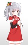  alternate_costume arm_warmers blush brown_eyes christmas dress hair_ornament highres kantai_collection kasumi_(kantai_collection) long_hair looking_at_viewer mitsudoue open_mouth side_ponytail silver_hair solo 