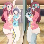  2girls ahoge bandage black_hair blue_eyes bow brown_eyes dancing door forehead_scar hair_between_eyes hair_ornament highres jacket long_hair minamoto_sakura mirror mizuno_ai multiple_girls open_mouth pants polka_dot polka_dot_bow red_eyes red_hair short_hair shorts window wooden_floor yosssy zipper zombie zombie_land_saga 