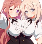  9law ;) alternate_costume aoyama_blue_mountain blonde_hair breast_press breasts fleur_de_lapin_uniform gochuumon_wa_usagi_desu_ka? hoto_mocha large_breasts matching_outfit multiple_girls one_eye_closed ponytail purple_eyes smile symmetrical_docking underbust uniform 