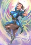  boots bracelet breasts bun_cover china_dress chinese_clothes chun-li double_bun dress full_body jewelry kishizuka_kenji large_breasts muscle muscular_female pantyhose pelvic_curtain protected_link sash solo spiked_bracelet spikes street_fighter thick_thighs thighs 