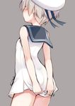  alternate_costume ass blush commentary_request covering covering_ass dress from_behind hat kantai_collection minamura_haruki sailor_collar sailor_dress sailor_hat short_hair silver_hair simple_background solo z1_leberecht_maass_(kantai_collection) 