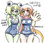  :d anura_(monster_musume) blue_eyes breasts claws covered_navel cowboy_shot frog_girl green_hair green_skin hand_on_own_chest headband large_hands liza_(monster_musume) lizard_girl lizard_tail looking_at_viewer monster_girl monster_musume_no_iru_nichijou monster_musume_no_iru_nichijou_online multiple_girls open_mouth orange_eyes orange_hair pink_scarf scales scarf school_swimsuit shake-o sketch slit_pupils smile swimsuit tail thigh_gap translation_request twitter_username waving webbed_hands 
