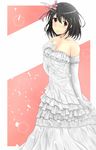  bad_id bad_pixiv_id bare_shoulders black_hair blush breasts cleavage dress elbow_gloves flower frilled_dress frills gloves hair_flower hair_ornament kantai_collection looking_at_viewer medium_breasts red_eyes shohei_(piranha5hk) short_hair smile solo strapless strapless_dress wedding_dress white_gloves yamashiro_(kantai_collection) 