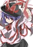  alternate_eye_color arm_up black_hat black_skirt blue_hair blurry blush bow capelet cravat frills from_above hair_between_eyes hat hat_bow highres long_sleeves looking_at_viewer nagae_iku outstretched_arm pointing pointing_finger purple_eyes red_bow red_ribbon ribbon shawl short_hair simple_background skirt solo takeshima_(nia) touhou white_background 
