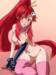  blush breasts hair_ornament highres large_breasts long_hair looking_at_viewer mei_ichi naked_scarf nipples nude open_mouth ponytail pussy red_hair scarf skull_hair_ornament solo tengen_toppa_gurren_lagann thighhighs uncensored yellow_eyes yoko_littner 