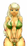  2016 anthro anthrofied applejack_(mlp) bikini blonde_hair clothing cutie_mark earth_pony equine female freckles friendship_is_magic green_eyes hair horse long_hair looking_at_viewer mammal my_little_pony navel orange_skin pia-sama pony simple_background solo swimsuit white_background 