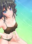  amagami bikini_bottom black_hair blue_eyes bracelet breasts cleavage grin jewelry looking_at_viewer messy_hair nail_polish small_breasts smile solo swimsuit tanamachi_kaoru tank_top thighs water winu_(pixiv288510) 