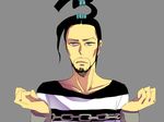  asdge23 beard black_hair brown_eyes chain facial_hair galdino grey_background male_focus one_piece prison_clothes prisoner simple_background solo 