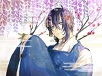  blue_eyes blue_hair branch clover flower four-leaf_clover japanese_clothes male_focus mikazuki_munechika mou_(mooooow) nail_polish smile solo touken_ranbu wisteria 
