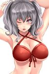  absurdres armpits arms_behind_head arms_up bare_shoulders bikini breasts cleavage collarbone front-tie_top hair_between_eyes halterneck highres kantai_collection kashima_(kantai_collection) large_breasts looking_at_viewer one_eye_closed red_bikini silver_hair solo swimsuit twintails underboob wavy_hair yashichii 