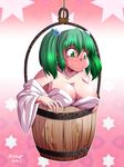 areola_slip areolae bare_shoulders blush breasts bucket chamupei cleavage collarbone embarrassed forced_smile full-face_blush green_eyes green_hair hair_bobbles hair_ornament highres in_bucket in_container japanese_clothes kimono kisume large_breasts long_sleeves off_shoulder open_clothes open_kimono short_hair simple_background smile solo sweat touhou twintails wide_sleeves wooden_bucket yukata 