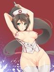  akali arms_up ass_visible_through_thighs bottomless breasts brown_hair cowboy_shot dutch_angle fuya_(tempupupu) green_eyes hat highres large_breasts league_of_legends long_hair low-tied_long_hair nipples nurse_akali nurse_cap open_clothes open_shirt ponytail pussy shirt solo syringe thigh_gap thighhighs uncensored very_long_hair white_legwear 