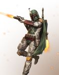  armor belt boba_fett dent energy_gun firing flying gun helmet highres iijima_takuya jetpack laser_rifle leg_up male_focus mandalorian solo star_wars utility_belt weapon 