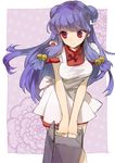  apron bangs bell carrying chinese_clothes double_bun food_delivery_box hair_bell hair_ornament long_hair pink_background pink_eyes polka_dot polka_dot_background purple_eyes purple_hair ranma_1/2 shampoo_(ranma_1/2) sidelocks solo soto v_arms very_long_hair 