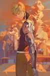  blonde_hair building closed_eyes cloud cyborg earrings from_behind genos highres jewelry male_focus one-punch_man rosutokun ruins sky skyscraper solo 