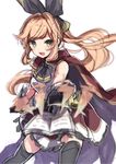  :d black_gloves blush brown_hair cape clarisse_(granblue_fantasy) gloves granblue_fantasy green_eyes hair_ribbon highres light_brown_hair long_hair open_mouth ponytail ribbon skirt smile solo takeshima_(nia) thighhighs 