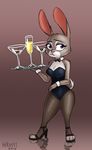  2016 alcohol anthro beverage breasts bunny_costume disney eyelashes female food frown fur glass gradient_background grey_fur heresy_(artist) high_heels judy_hopps lagomorph mammal martini platter purple_eyes rabbit signature simple_background solo zootopia 