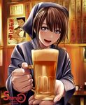  :d alcohol beer beer_mug blue_eyes brown_hair cup foreshortening holding holding_cup looking_at_viewer open_mouth original poster_(object) shamakho smile solo 