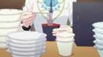  animated animated_gif black_hair bowl chopsticks closed_eyes eating food hair_ornament izumi_reina jacket long_hair musaigen_no_phantom_world noodles smile 