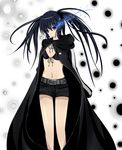  belt black_bikini_top black_hair black_rock_shooter black_rock_shooter_(character) black_shorts blue_eyes burning flat_chest front-tie_bikini front-tie_top long_hair navel shorts solo twintails yuki_(sangeki5806) 