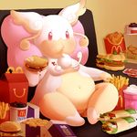  audino burger duckface food looking_at_viewer manene mega_audino mega_evolution navel nintendo pok&eacute;mon sitting solo video_games 